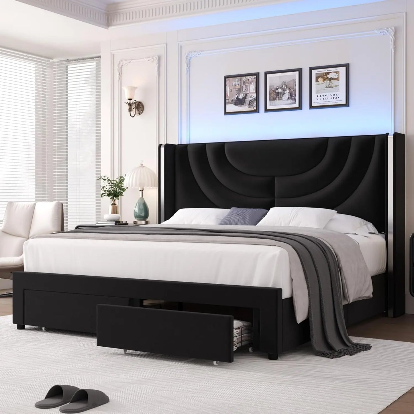 Modern Velvet LED Platform Bed with Wingback Headboard and Drawers