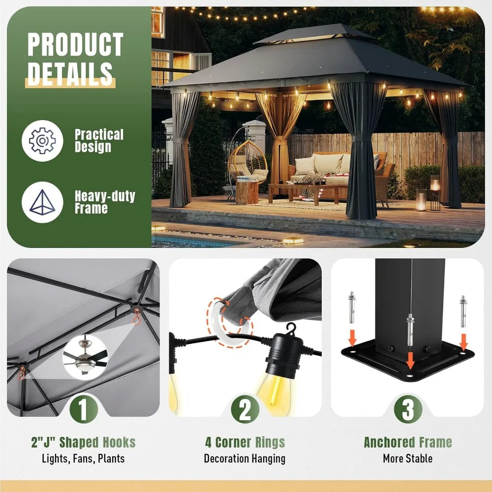 Outdoor Gazebo Metal Frame Canopy with Double Roofs