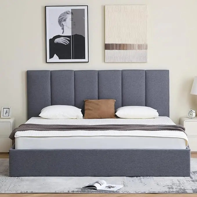 Modern Linen Upholstered Hydraulic Lift Storage Bed
