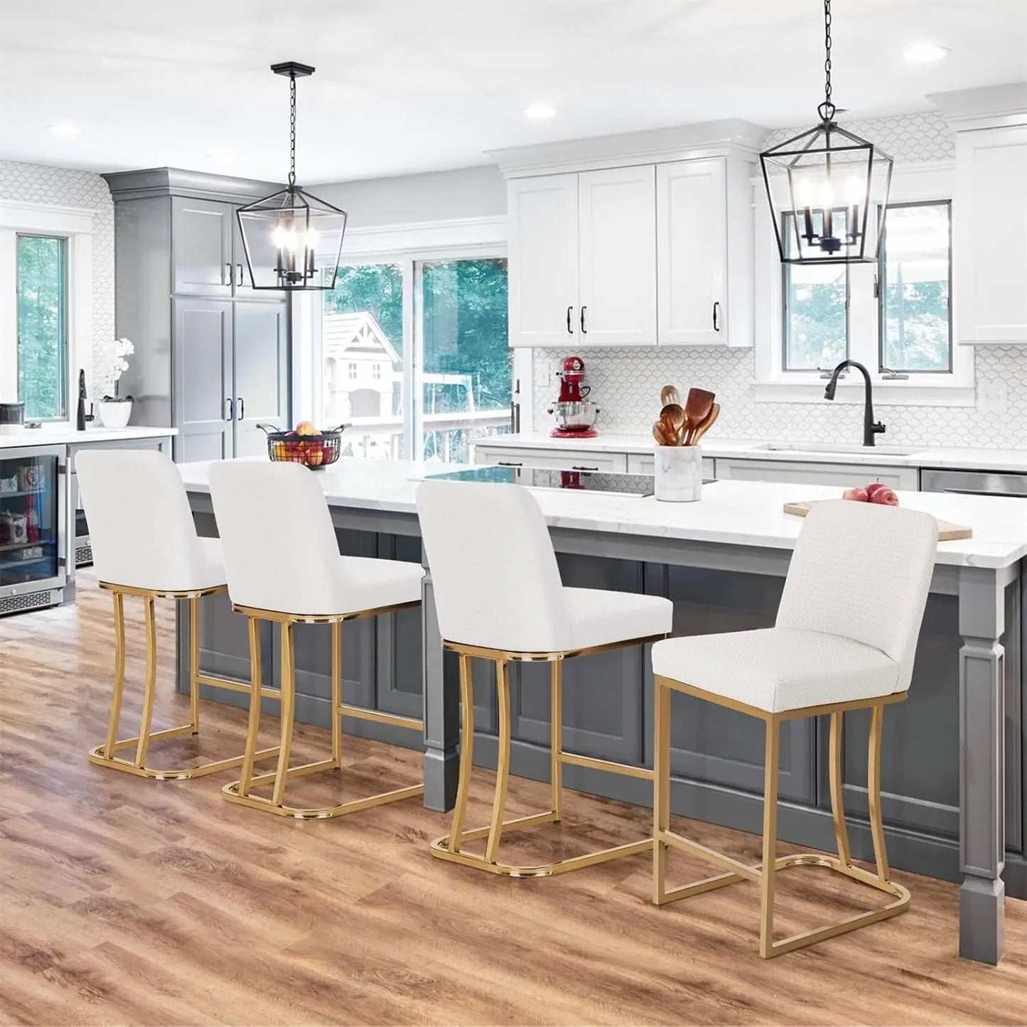 Upholstered Faux Leather Creamy Bar Stools Set