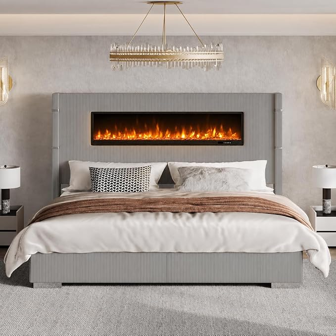Luxe Corduroy Wingback Bed with Electric Fireplace