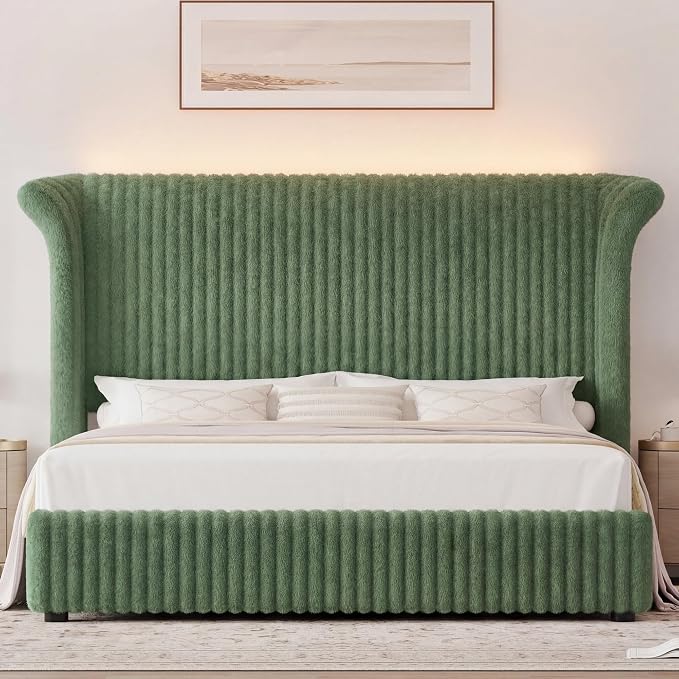 Royal Luxe Faux Fur Wingback Bed with RGB LED Lighting
