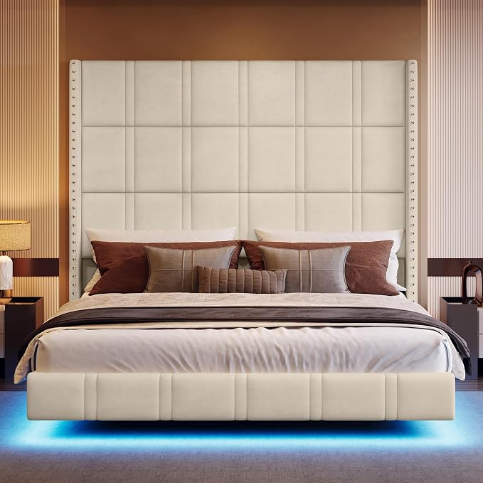 Grand Luxe Floating Wingback Bed with 72" Headboard & LED Lighting