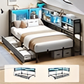 Modern LED Corner Bed Frame with Bookcase, Charging Station and Storage Drawers