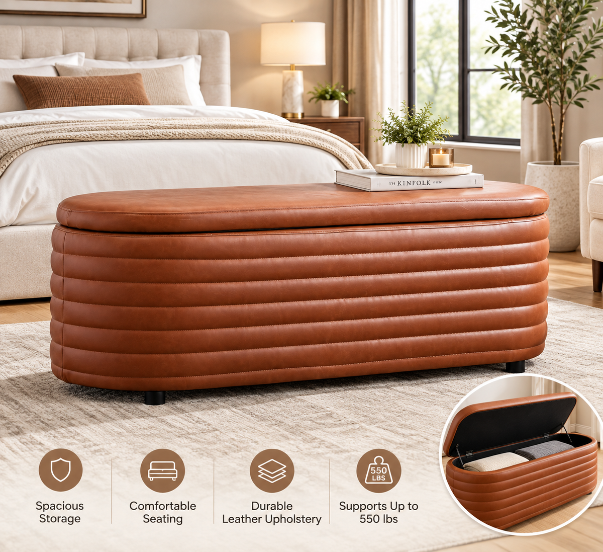 Modern Leather Storage Ottoman Bench