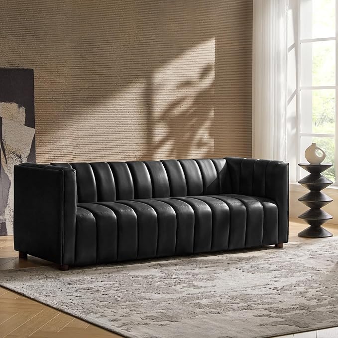 Luxe Channel Tufted Genuine Leather Sofa