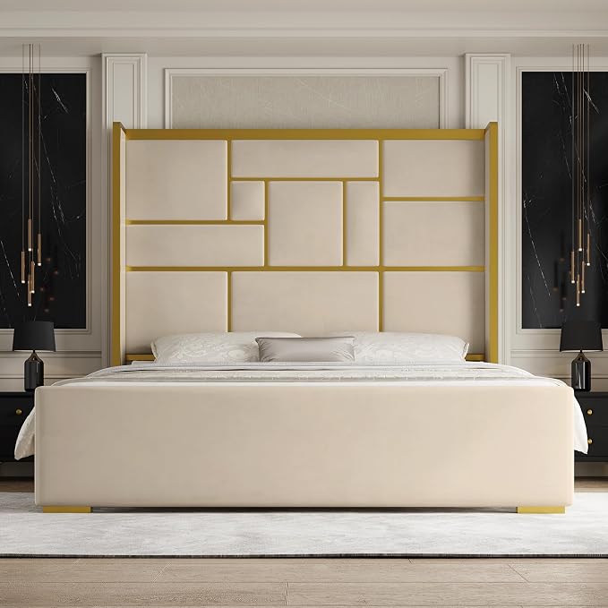 Modern Upholstered Bed with Gold Accents