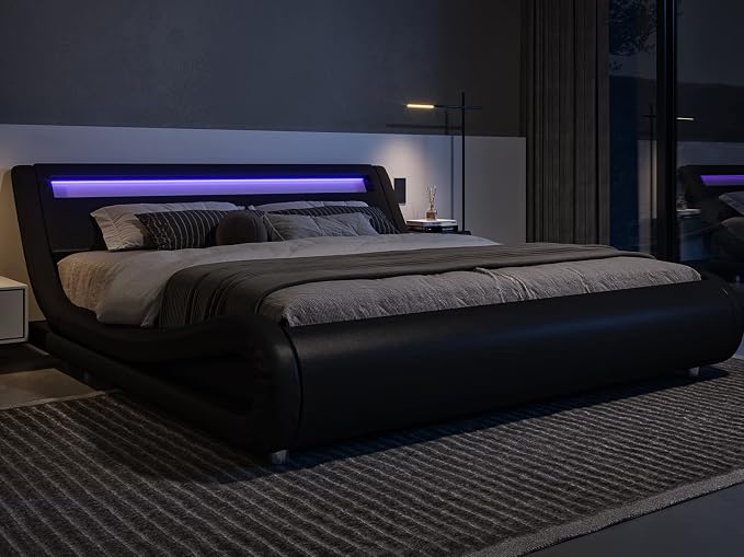 Modern LED Storage Bed Frame with Adjustable Headboard