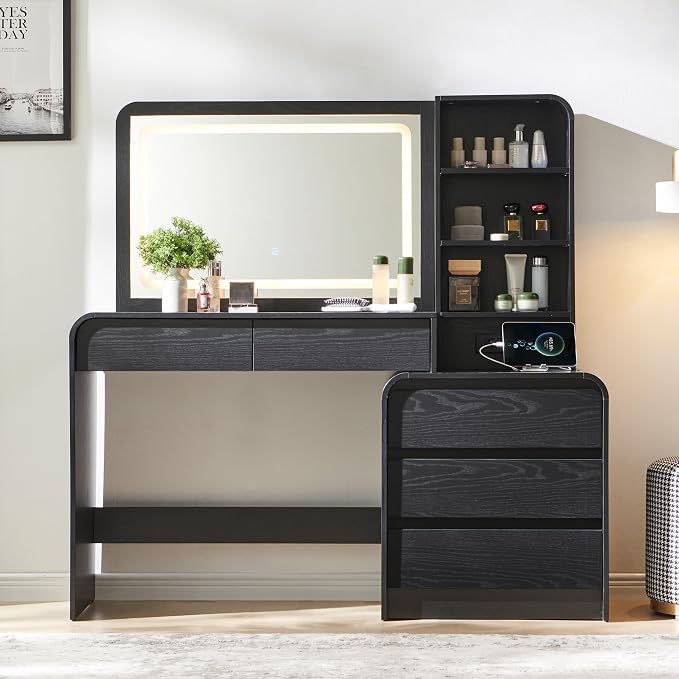 Modern Curved Wood Vanity with Charging Station