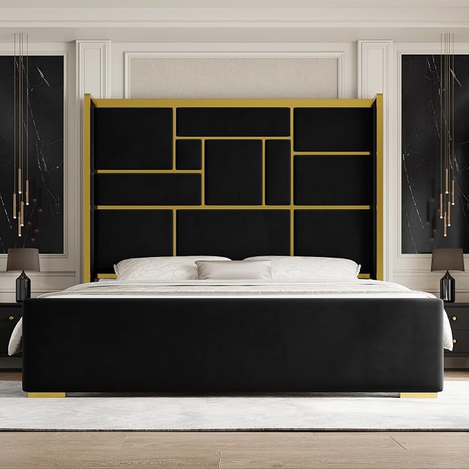 Modern Upholstered Bed with Gold Accents
