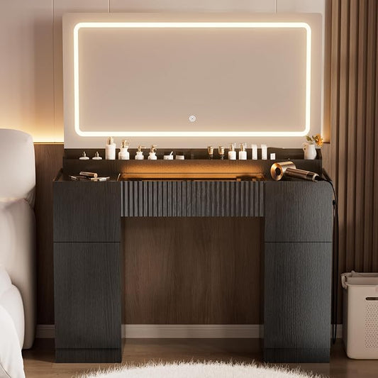 Contemporary Makeup Vanity Desk with Lighted Mirror and Storage