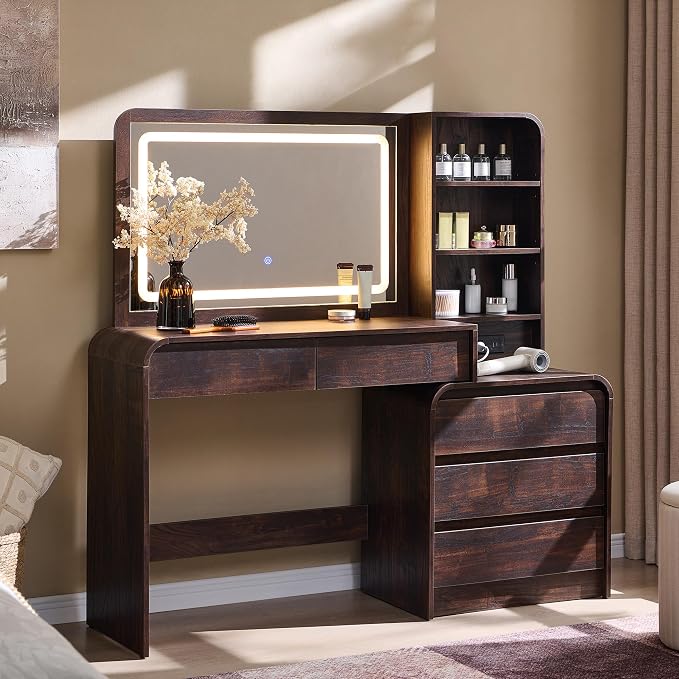 Modern Curved Wood Vanity with Charging Station
