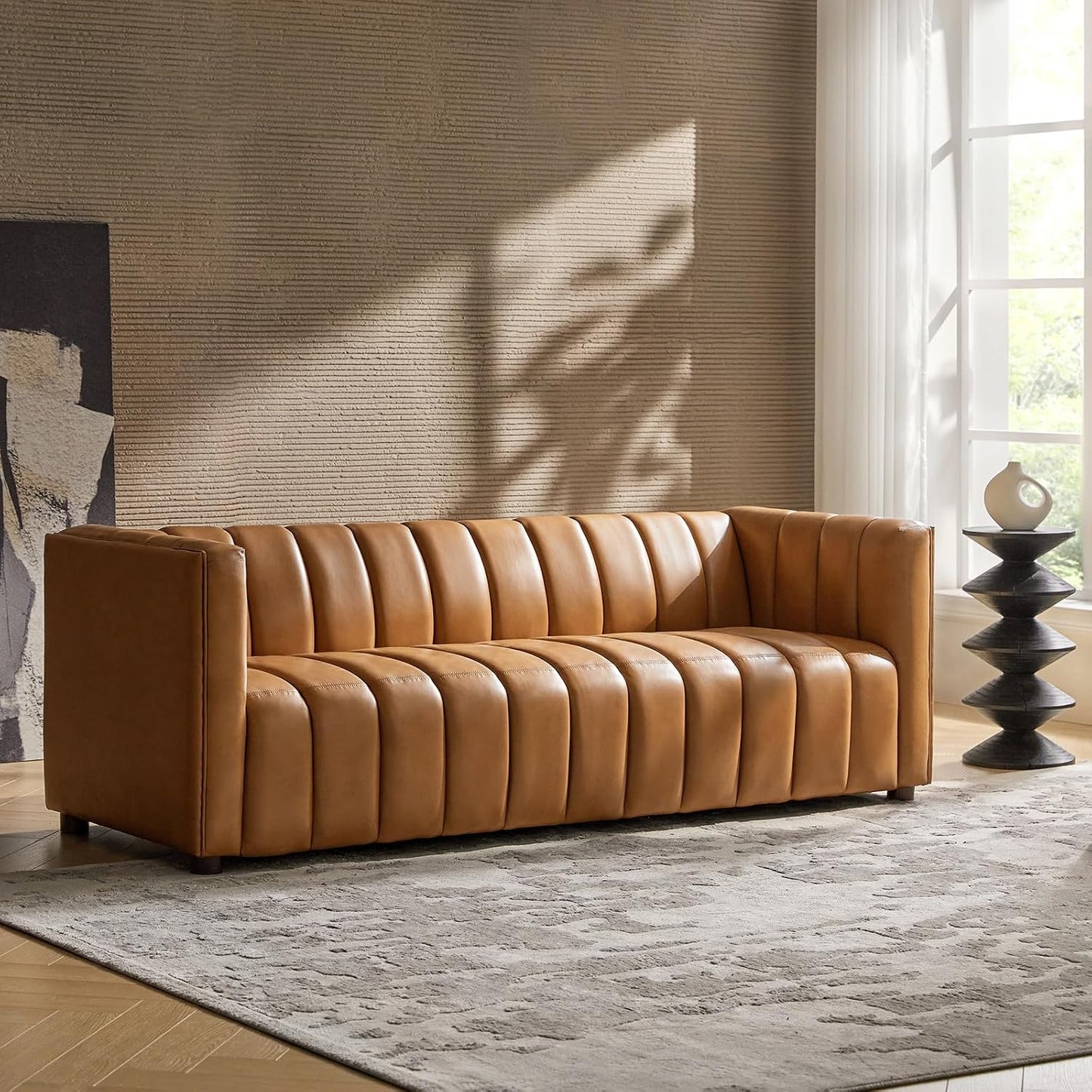 Luxe Channel Tufted Genuine Leather Sofa