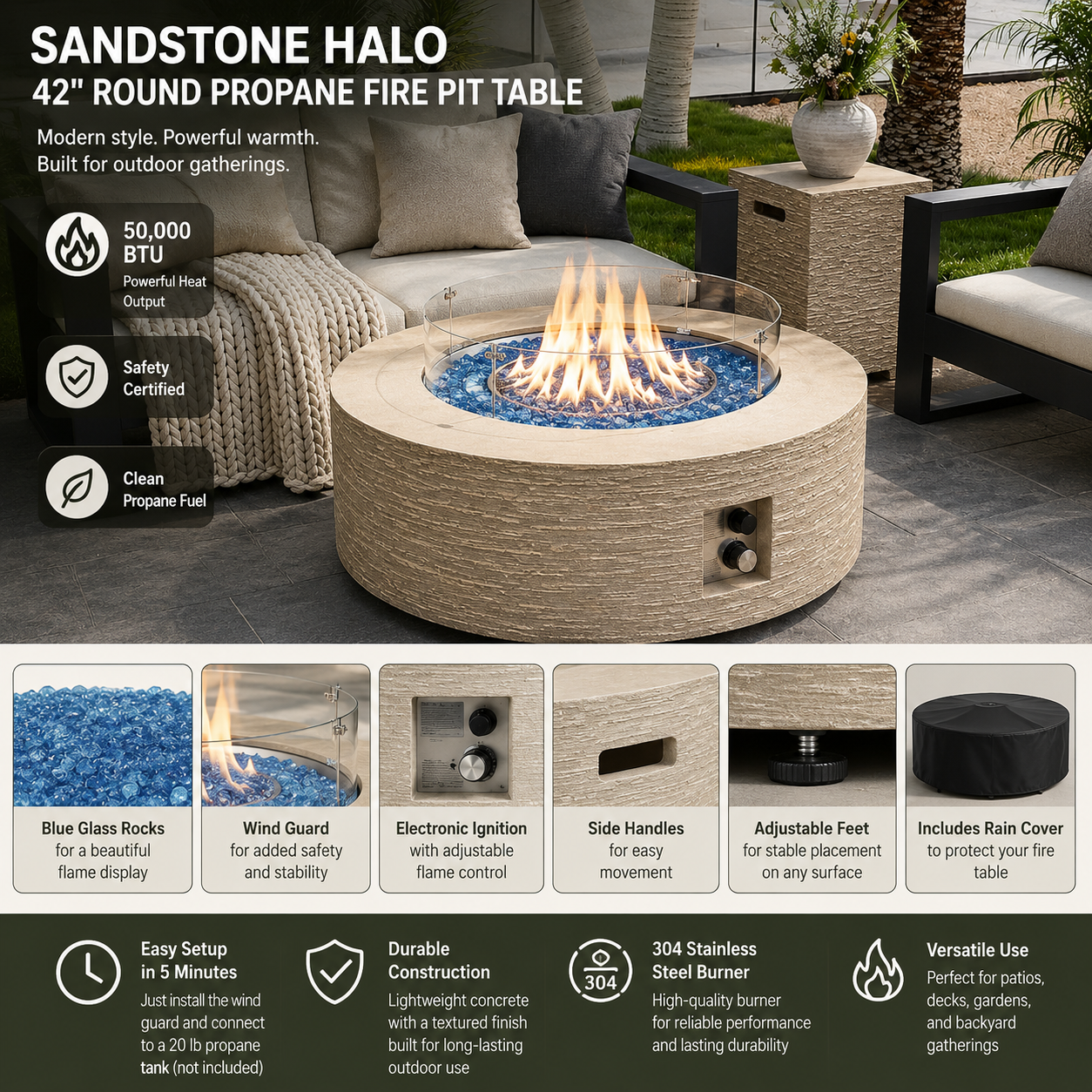 Sandstone Halo Fire Pit Table Set