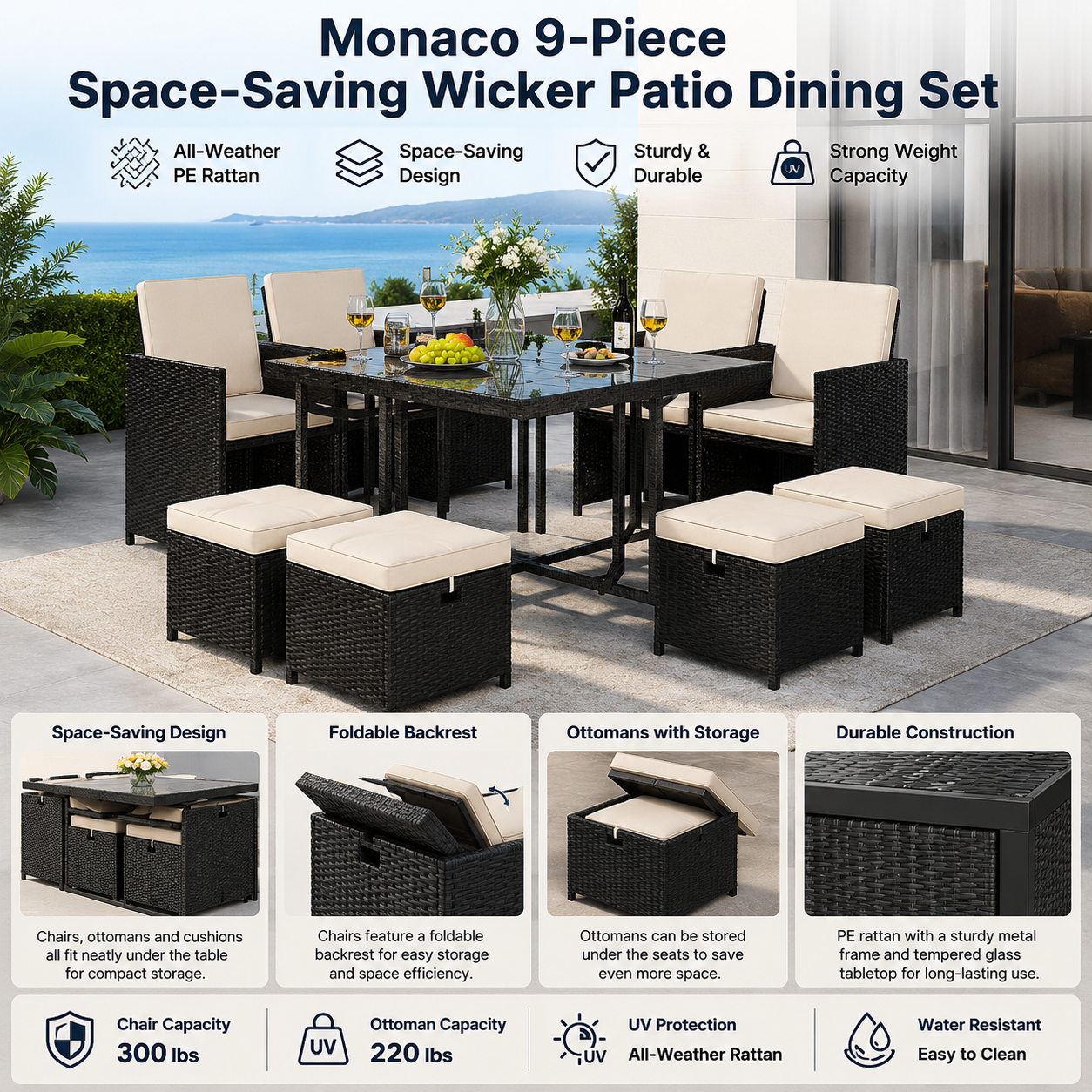 Monaco 9-Piece Space-Saving Wicker Patio Dining Set
