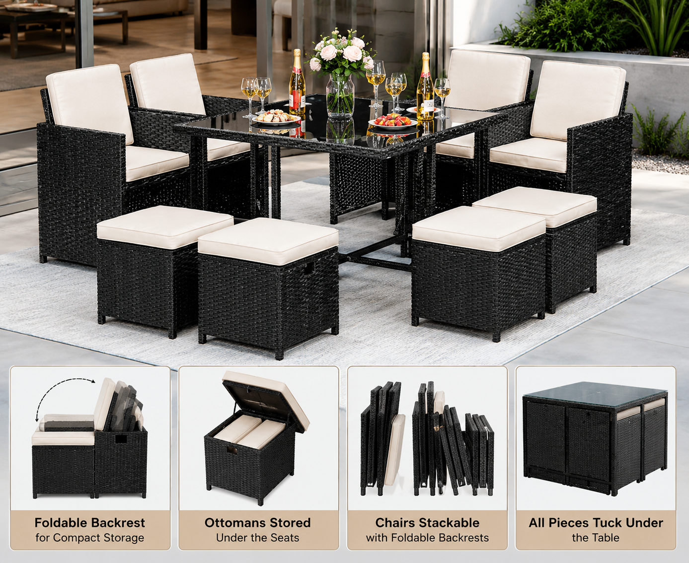 Monaco 9-Piece Space-Saving Wicker Patio Dining Set