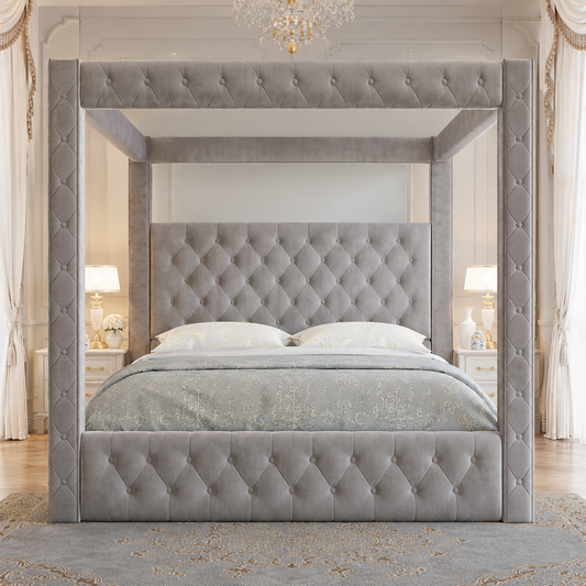 Grand Luxe Velvet Canopy Bed with USB Charging