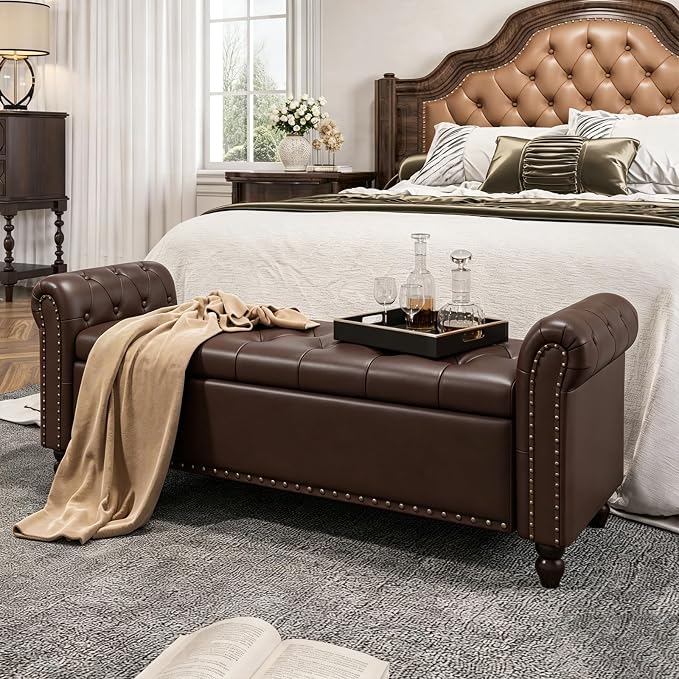 Mid-Century Modern Faux Leather Storage Bench