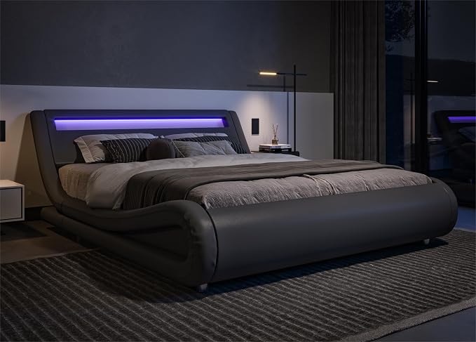 Modern LED Storage Bed Frame with Adjustable Headboard