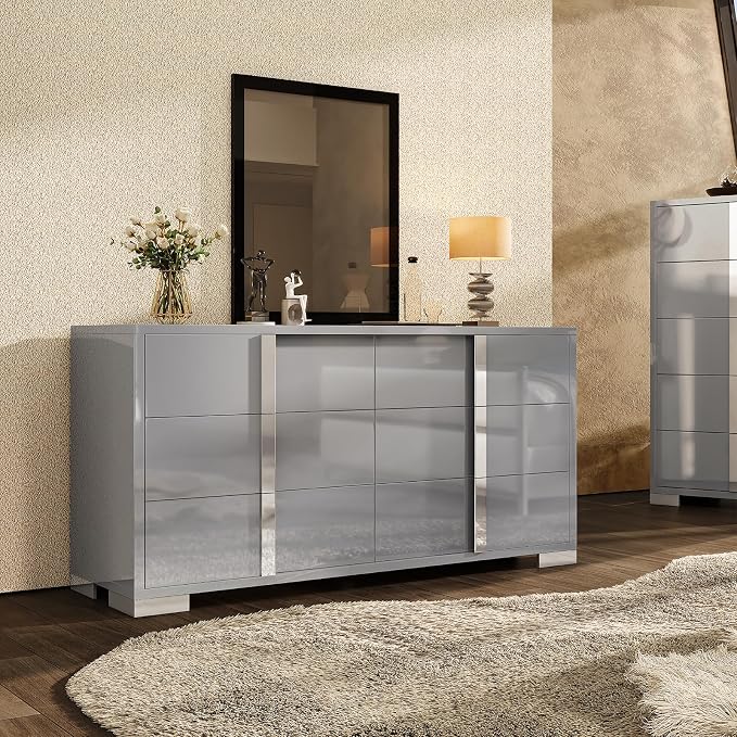 Modern High Gloss Dresser with Chrome Mirror Handles