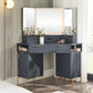 Modern Fluted Corner Vanity Desk with LED Tri-Fold Mirror