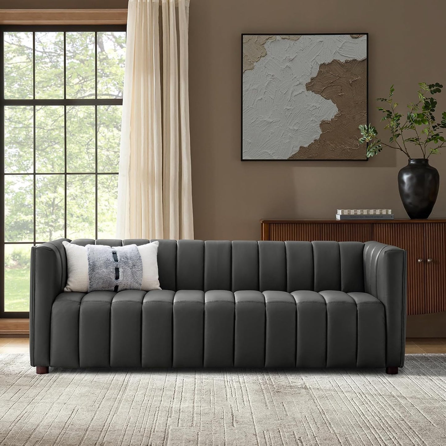 Luxe Channel Tufted Genuine Leather Sofa