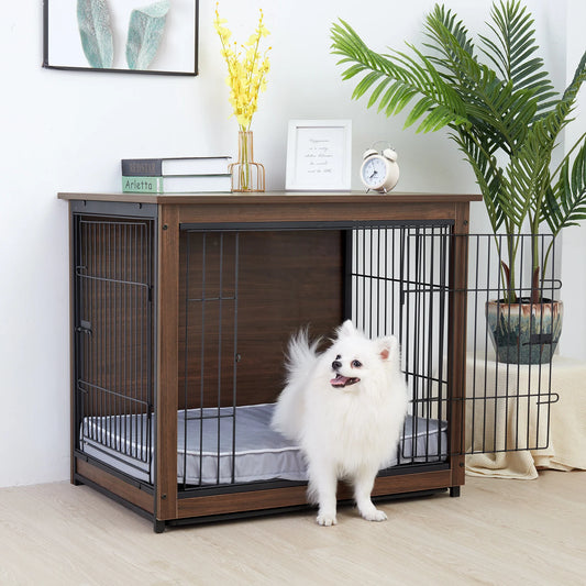 Vintage Dog Crate with Table Top Wooden Barrier Gate With Floor Tray for Indoor