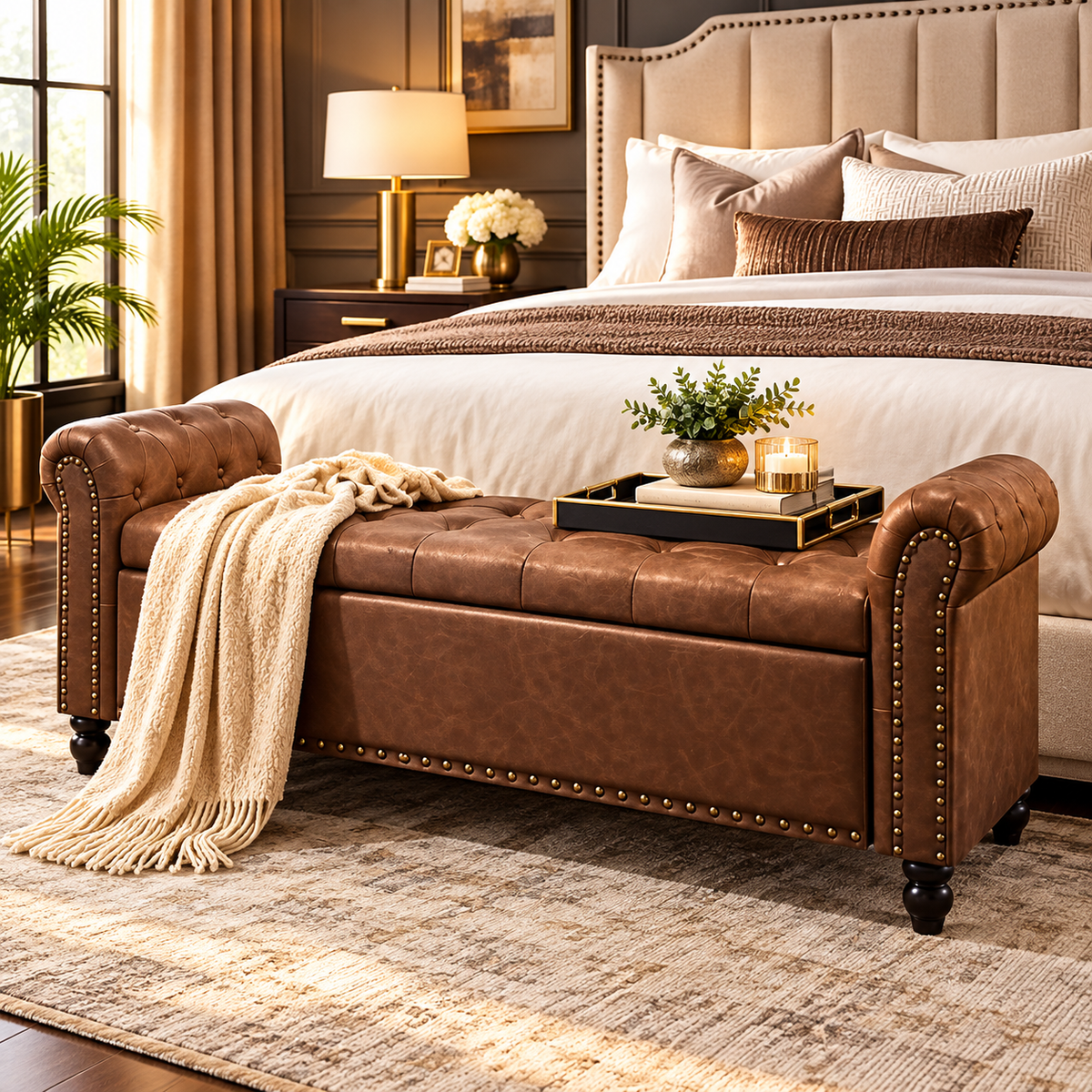 Mid-Century Modern Faux Leather Storage Bench