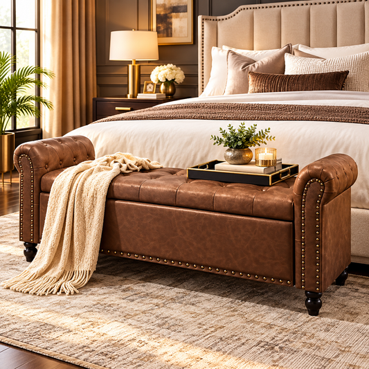 Mid-Century Modern Faux Leather Storage Bench