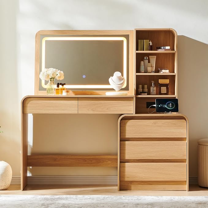 Modern Curved Wood Vanity with Charging Station