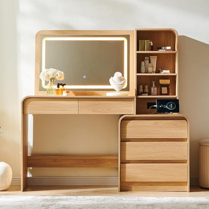 Modern Curved Wood Vanity with Charging Station
