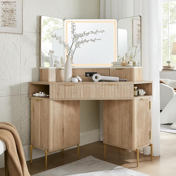 Modern Fluted Corner Vanity Desk with LED Tri-Fold Mirror