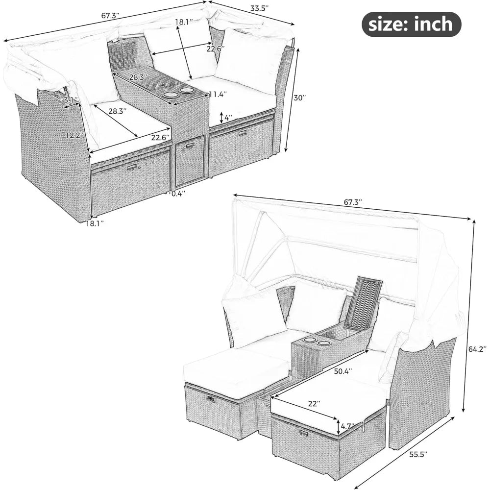 Loveseat Daybed Chaise Lounger with Foldable Awning and Cushions