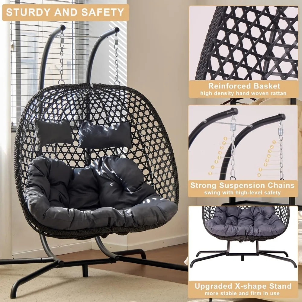Wicker Hammock Double Swing Chair with Cushions