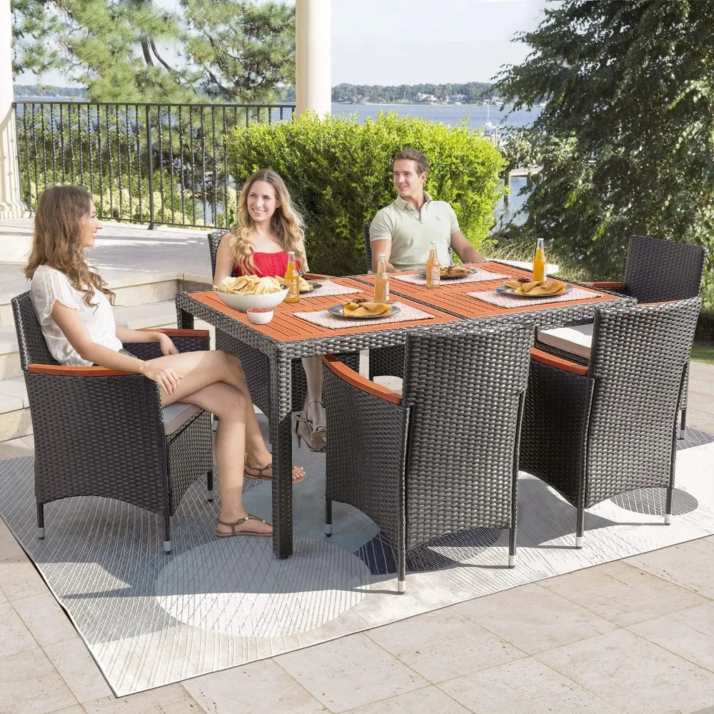 Acacia Wood Table Set with Cushions Wicker Chairs