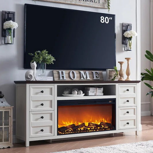 The Farmhouse Entertainment Center 70" TV Stand 36" LED Electric Fireplace with Faux Double Drawers