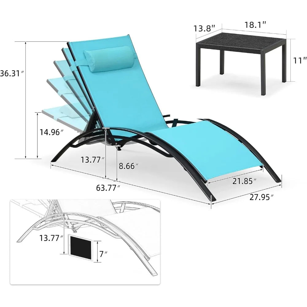 Oversized Lightweight Chaise Lounge Set with 2 Side Tables
