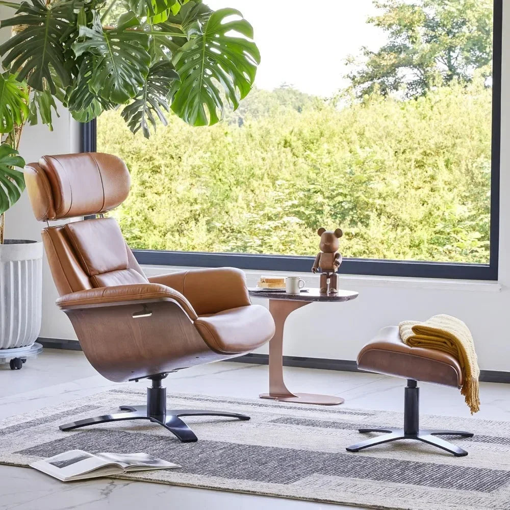 Reclining Leather Swivel Chair with Ottoman