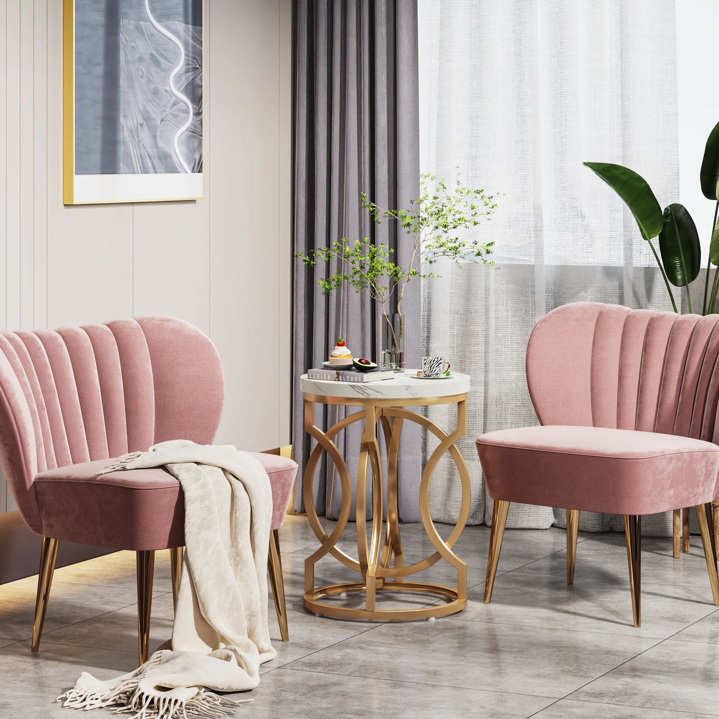 Modern O- Shaped Gold Metal Base Round End Table with Thick Wood Top