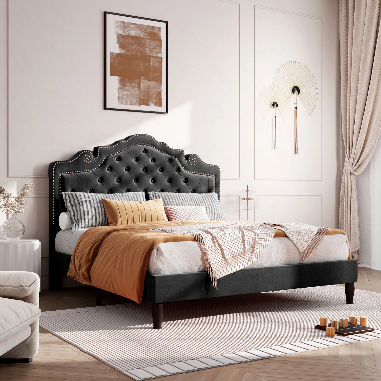 Upholstered Diamond Button Tufted Platform Bed
