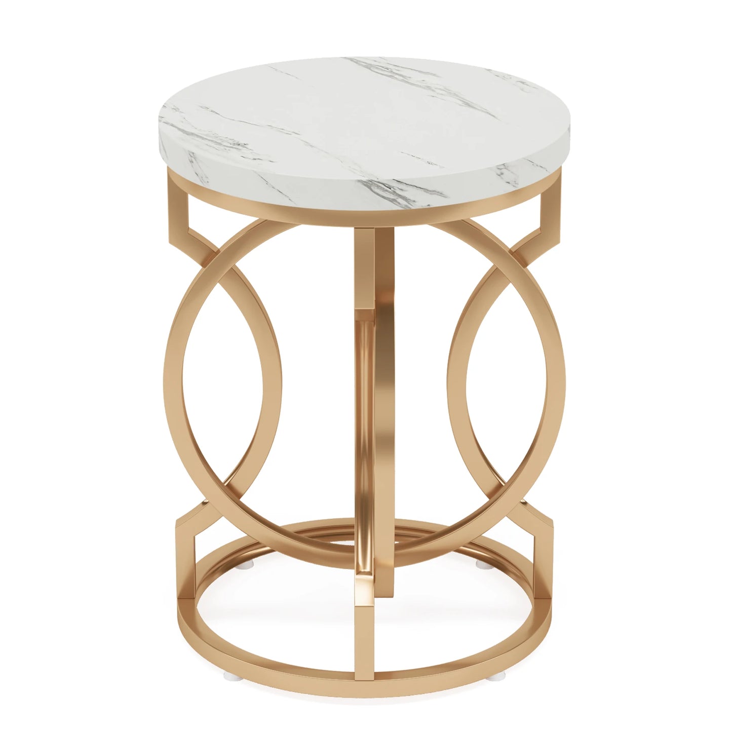 Modern O- Shaped Gold Metal Base Round End Table with Thick Wood Top