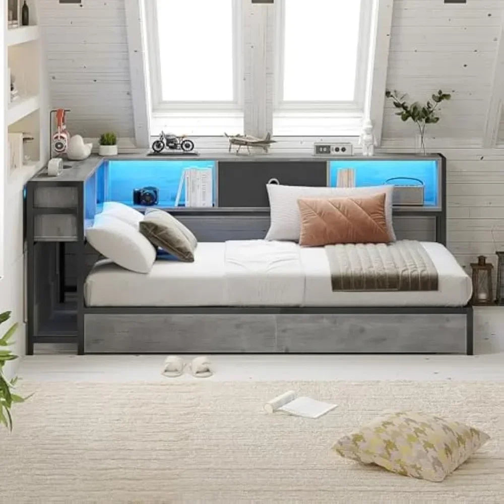 Modern LED Corner Bed Frame with Bookcase, Charging Station and Storage Drawers