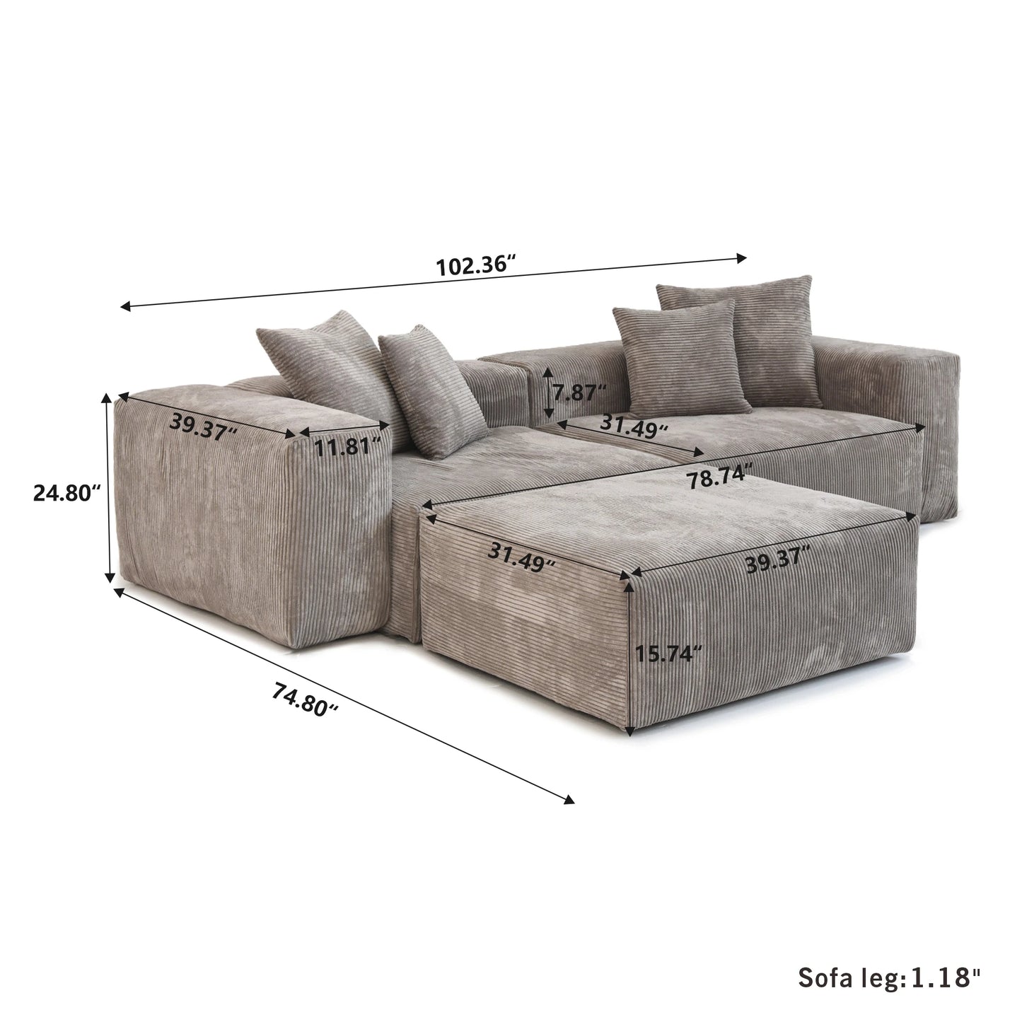 Modern Corduroy Fabric Sectional Couch with Pillow