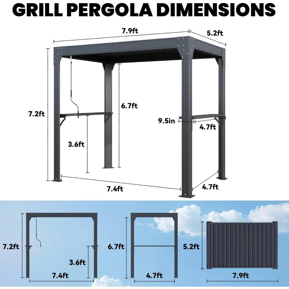 Grill Waterproof Pergola with Adjustable Louvered Roof