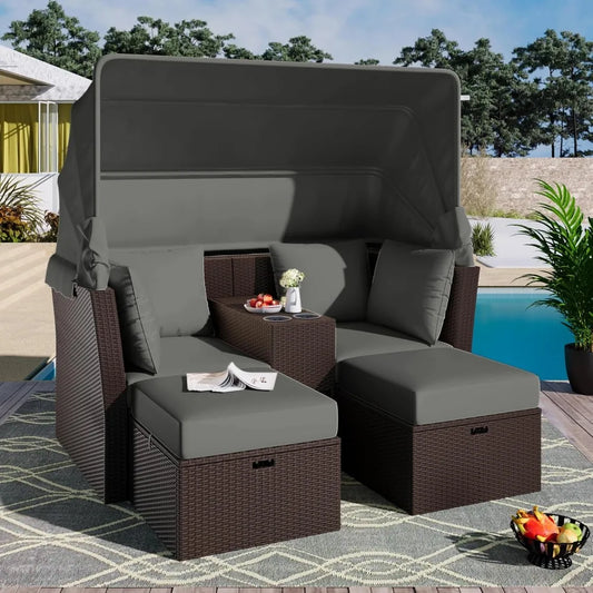 Loveseat Daybed Chaise Lounger with Foldable Awning and Cushions
