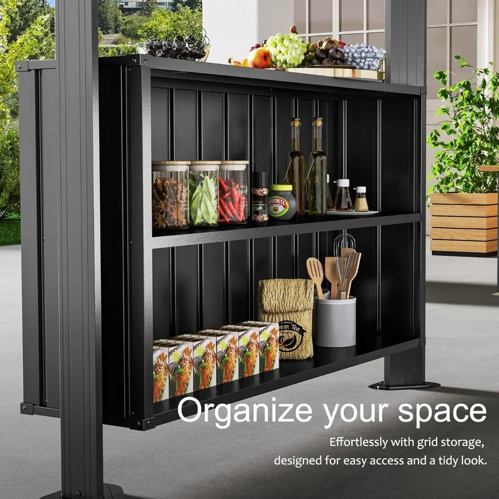 Grill Gazebo with Double Roof, Storage Cabinets, and Ceiling Hooks