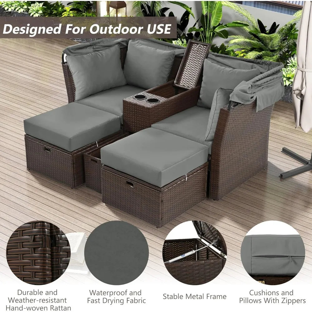 Loveseat Daybed Chaise Lounger with Foldable Awning and Cushions