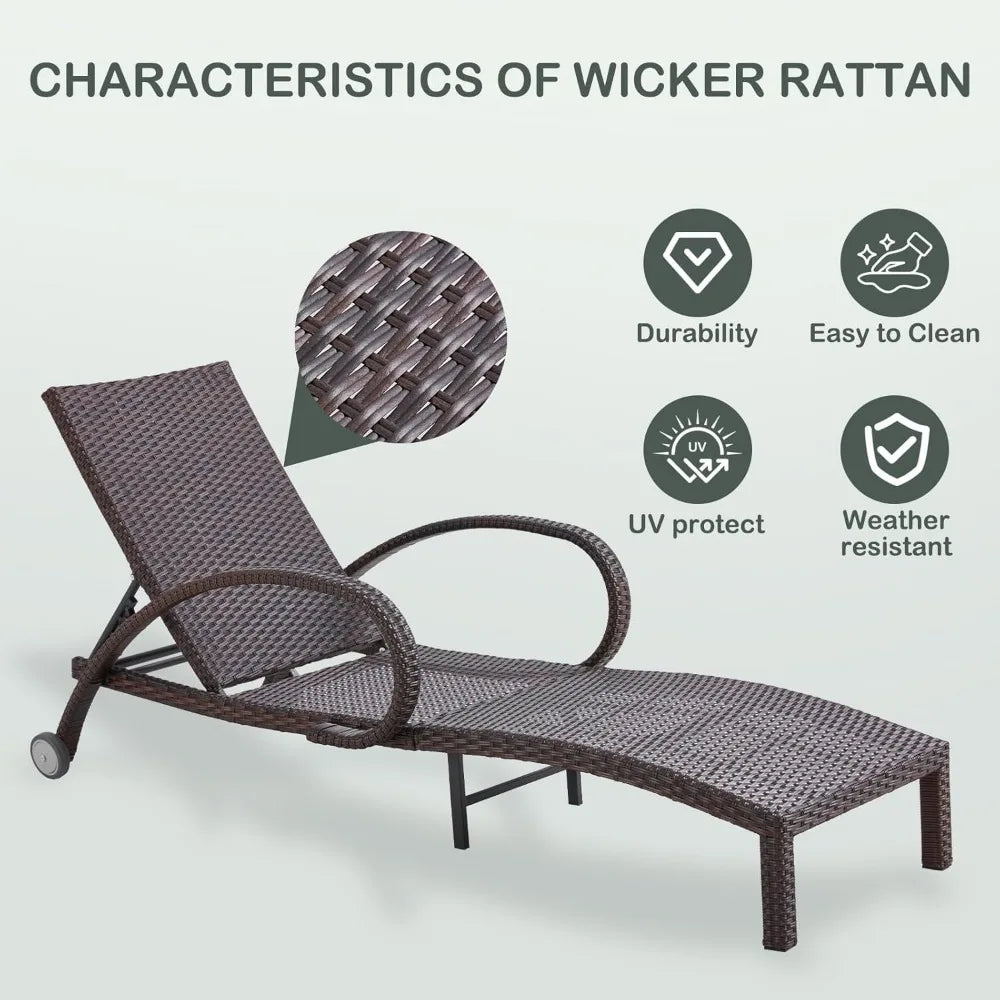 Rattan Wicker Chaise Lounge Chairs with Wheels and Cushions