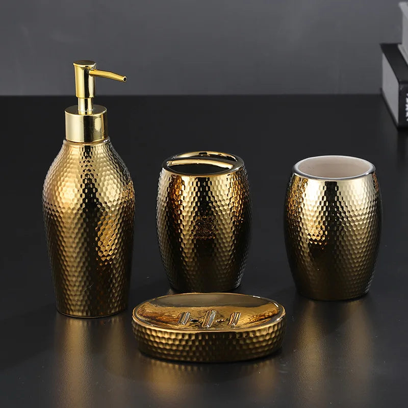 Sleek Ceramic Gold Bathroom Accessory Set