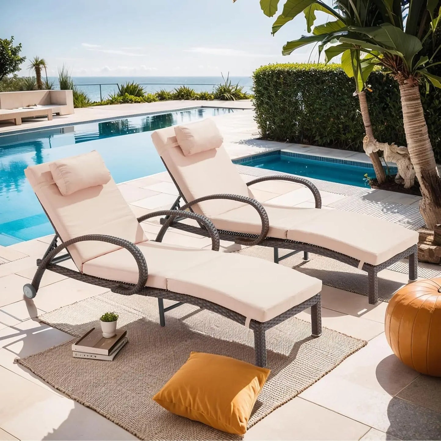 Rattan Wicker Chaise Lounge Chairs with Wheels and Cushions